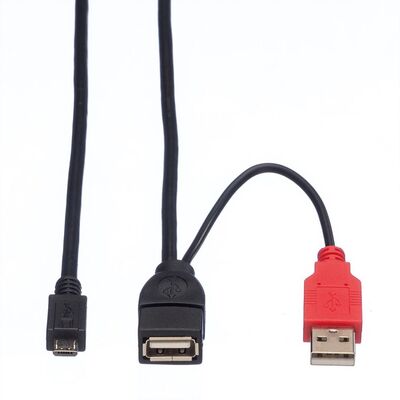 Kábel USB 2.0 2xA-MICRO-B F/M 1m, High Speed, OTG, čierny, Y-kábel, Extra napájanie