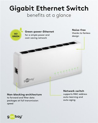 Switch Gigabit 8port, plast, biely, stolný / montáž na stenu