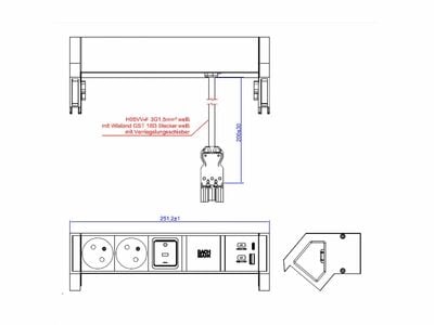 DESK2 2xUTE 230V, nabíjačka (USB A + USB C), vypínač, 0.2m kábel 1.5mm², GST18, biely