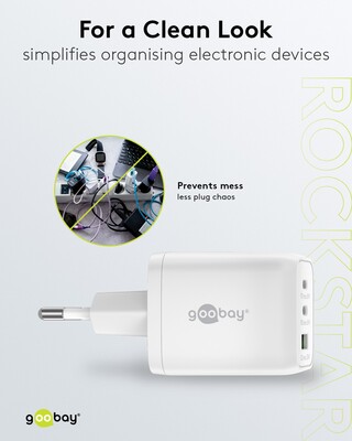 Nabíjačka USB 230V 3port, 1xUSB A, 2xUSB Typ C, 65W, Power Delivery, GaN, biela