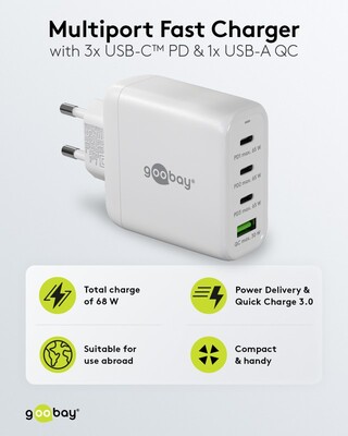 Nabíjačka USB 230V 4port, 1xUSB A, 3xUSB Typ C, 68W, Power Delivery, GaN, čierna