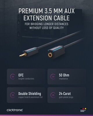 Kábel 3.5mm stereo jack M/F predlžovací 5m, modrý, pozl. konektor, ClickTronic