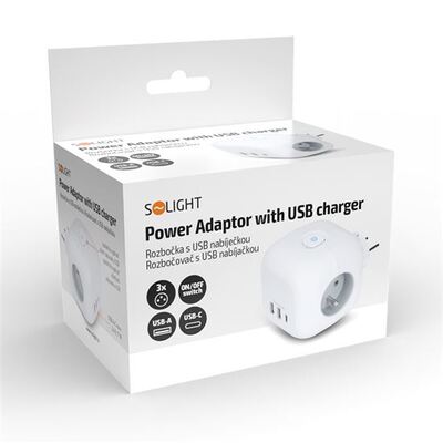 Rozvodka biela 3x 16A guľatá zásuvka, s nabíjačkou 2xUSB-A,2.4 A, 1xUSB-C 15W, biela