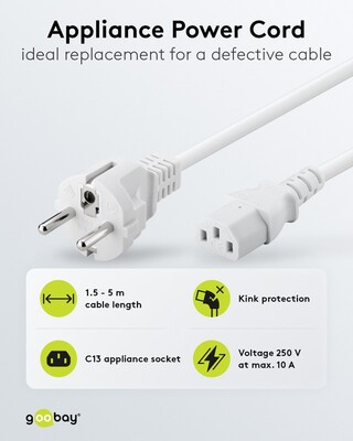 Kábel sieťový 230V, vidlica (CEE7/7) priama - C13, 1.5m, 0.75mm², 10A, biely