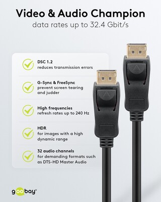 Kábel DisplayPort M/M 2m, 8K@60Hz, DP v1.4, 32.4Gbit/s, čierny, pozl. konektor