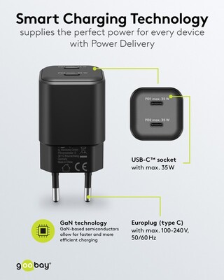Nabíjačka USB 230V 2port, 2xUSB Typ C, 35W, Power Delivery, GaN, čierna