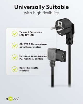 Kábel sieťový 230V, vidlica (CEE7/7) lomená - C13 zahnutý (doľava), 3m, 1.00mm², 10A, čierny