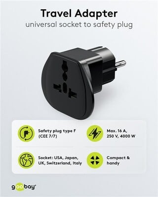 Adaptér cestovný Svet -> Európa (CEE7/7), max. 16A, čierny