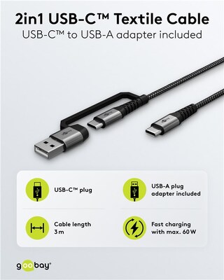 Kábel USB 2.0 CM/CM + Redukcia na USB A, 3m, High Speed, PD 60w 20V3A, čierny