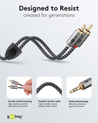 Kábel 3.5mm stereo/2xCinch M/M 2m, čierny/sivý, pozl. konektor