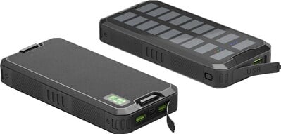 Solárna PowerBank 20000mAh, QC 3.0, Lítiová, Zabudované LED svetlo, čierna