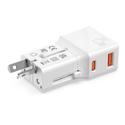 Nabíjačka USB 230V 2port, EU/UK/US, 1xUSB A, 1xUSB Typ C, 25W, PD, QC 3.0, cestovná/skladacia, biela