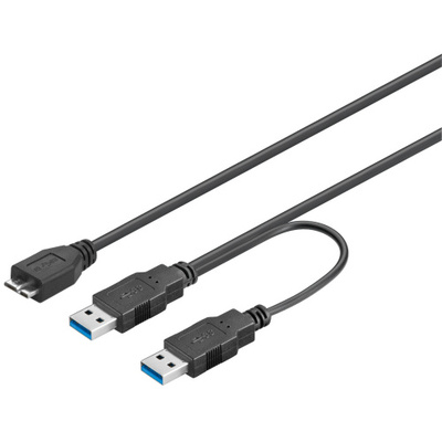 Kábel USB 3.2 Gen 1, 2xA-MICRO-B(3.0) M/M 0.3m, 5Gbps, čierny, Y-kábel, Extra napájanie