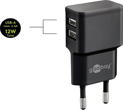 Nabíjačka USB 230V 2port, 2xUSB A, 2.4A, 12W, kábel USB AM/Micro-B 1m v balení, čierna