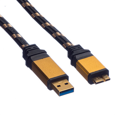 Kábel USB 3.2 Gen 1, A-MICRO-B(3.0) M/M 2m, 5Gbps, čierny/zlatý, Gold, pozl. konektor