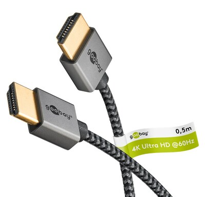 Kábel HDMI M/M 0.5m, Ultra High Speed+Eth, 4K@60Hz, HDMI 2.0, 18G, G pozl. kon., čierny/sivý, Slim