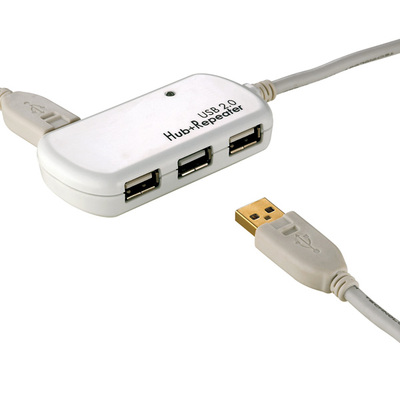 Kábel USB 2.0 A-A M/F 12m, High Speed, predlžovací, biely, aktívny, 4port Hub
