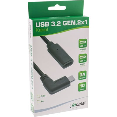 Kábel USB 3.2 Gen 1x2, Typ C CM/CF 2m, 10Gbps, PD 60w 20V3A, predlžovací, čierny, zahnutý 90°