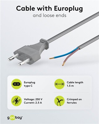 Kábel sieťový 230V, 2pin vidlica (CEE7/16) priama - dutinky, 1.5m, 0.75mm², 2.5A, surový, sivý