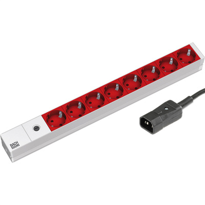 19" zásuv. lišta 8xSCHUKO, konektor C14, 10A, 2300W, 2m, sivá/červená