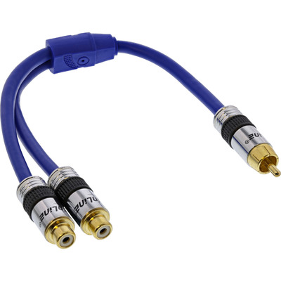 Káblový adaptér Cinch(RCA)/2xCinch(RCA) M/2xF, 25cm, HQ, Premium, modrý, pozl. konektor