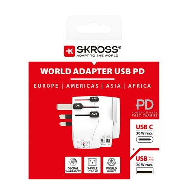Adaptér cestovný World Adapter PRO Light, USB nabíjačka (USB A + USB Typ C) PD 30W, biely, SKROSS