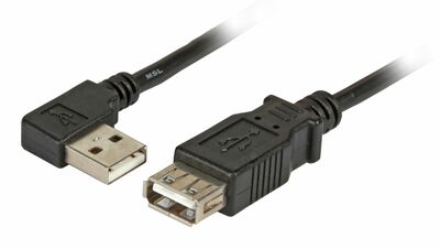 Kábel USB 2.0 A-A M/F 1.5m, High Speed, čierny, zahnutý 90°