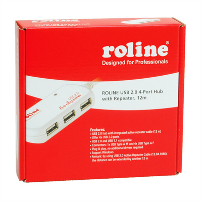 Kábel USB 2.0 A-A M/F 12m, High Speed, predlžovací, biely, aktívny, 4port Hub