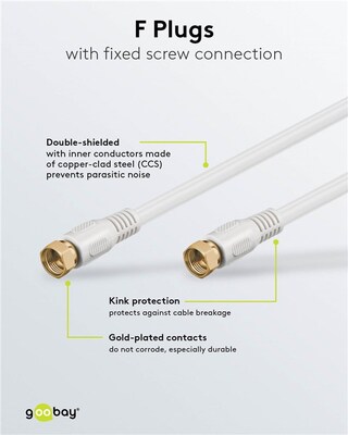 Kábel satelitný, koax F-konektor M/M 5m, 75 Ohm, 80dB, 2x tienený, CCS, biely, pozl. konektor