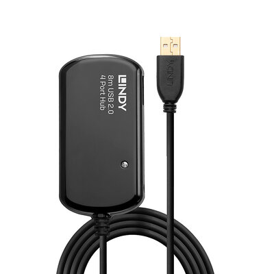 Kábel USB 2.0 A-A M/F 8m, High Speed, predlžovací, čierny, aktívny, 4port Hub s adapt., PRO, reťazit