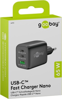 Nabíjačka USB 230V 3port, 1xUSB A, 2xUSB Typ C, 65W, Power Delivery, GaN, čierna