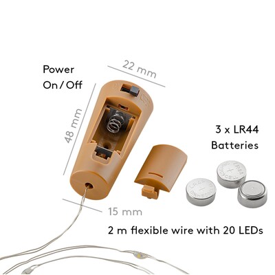 Led svetelná reťaz s 20 LED, "do fľaše", napájanie 3x LR44, biela, 10ks/bal