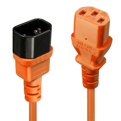 Kábel sieťový 230V predlžovací, C13 - C14, 0.5m, 0.75mm², 10A, oranžový