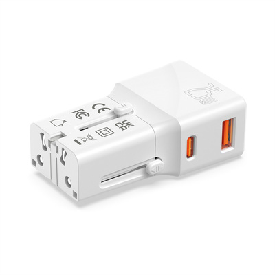 Nabíjačka USB 230V 2port, EU/UK/US, 1xUSB A, 1xUSB Typ C, 25W, PD, QC 3.0, cestovná/skladacia, biela