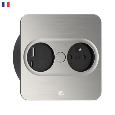 TWIST2 SQUARE 1xUTE 230V, nabíjačka (USB A + USB C), 2m kábel 1.5mm², vidlica CEE7/7, nerezová farba