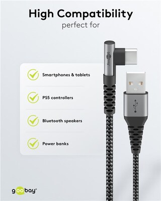 Kábel USB 2.0 Typ C AM/CM 1m, High Speed, Power Delivery 60w 20V3A, čierny/sivý, zahnutý 90°