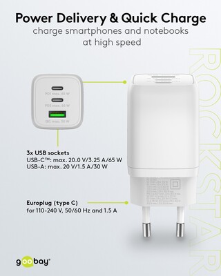Nabíjačka USB 230V 3port, 1xUSB A, 2xUSB Typ C, 65W, Power Delivery, GaN, biela