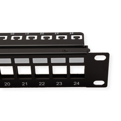 19" Patch panel 24port Keystone, tienený s uzemnením, celokovový, 1U, čierny