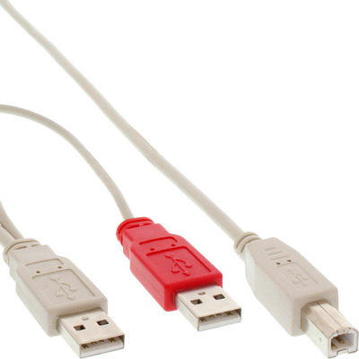 Kábel USB 2.0 2xA-B M/M 1m, High Speed, béžový, Y-kábel, Extra napájanie
