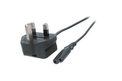 Kábel sieťový 230V, vidlica (BS1363A) UK lomená - C7 (2pin), 1.8m, 0.75mm², 2.5A, čierny
