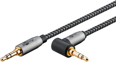 Kábel 3,5mm stereo jack M/M 2m, čierny/sivý, pozl. konektor, 1x uhlový 90°