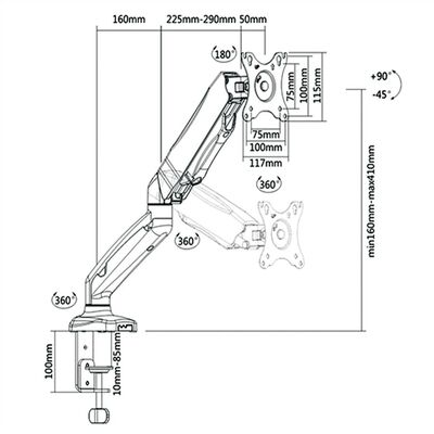 Držiak pre monitor na stôl, úchyt o dosku, pneumatický, max 10kg, rameno 500mm, VESA 75/100, čierny