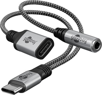 Adaptér USB 3.1 Typ C / 3.5mm (slúchadlá) + USB Typ C (PD 60W), 15cm, sivý/čierny