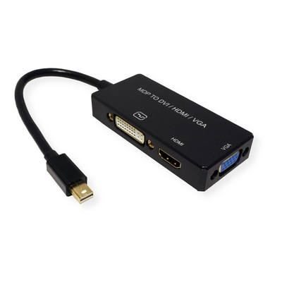 Adaptér mini DisplayPort na HDMI/VGA/DVI-I M/F, 4K@60Hz, 10cm, čierny
