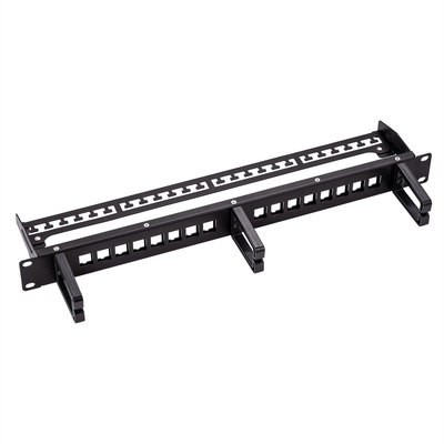 19" Patch panel 16port Keystone, tienený s uzemnením, s vyväzovacími okami, 70mm, 1U, čierny