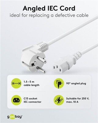 Kábel sieťový 230V, vidlica (CEE7/7) lomená - C13, 1.5m, 0.75mm², 10A, biely