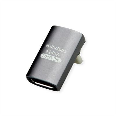 Adaptér USB 4 Gen 3x2, Typ C CM/CF, zahnutý 90° (do dola/hora), 40Gbps, PD 240W, sivý/čierny