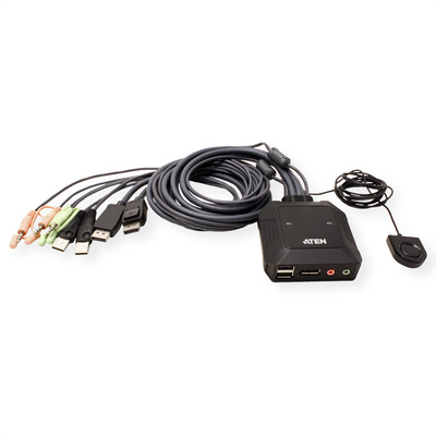 KVM switch/prepínač 2PC, DisplayPort 1.2, USB, audio, 1.2m káble, 4096x2160@30Hz, prepínanie tlačidl