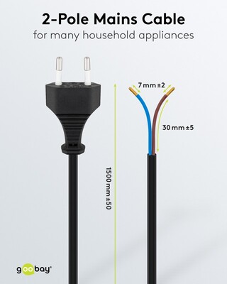 Kábel sieťový 230V, 2pin vidlica (CEE7/16) priama - dutinky, 1.5m, 0.75mm², 2.5A, surový, čierny