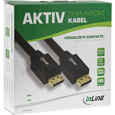 Kábel DisplayPort M/M 20m, 4K@60Hz, DP v1.2, 21.6Gbit/s, čierny, pozl. konekt., jednosmerný, aktívny